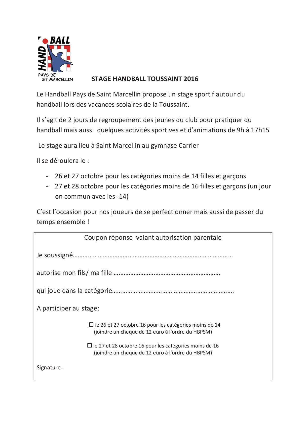 Stage HandBall Toussaint 2016